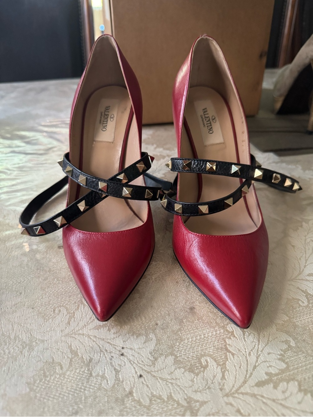 Valentino Garavani Rockstud Red Black Leather Ankle Strap Heels 37.5 + COA